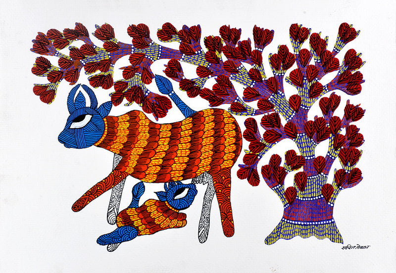 Cow Feeding Her Calf - Gond Folkart