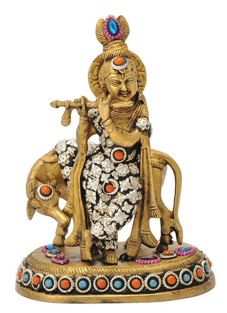 Gau Gopal Krishna Brass Statue 7.25"