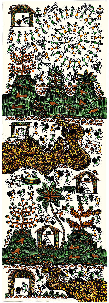 'A Day in Warli' Tribal Art Painting