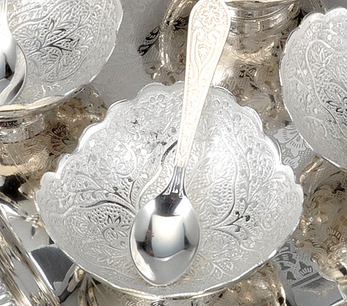German Silver Set of 4 Bowls with Spoons & Tray