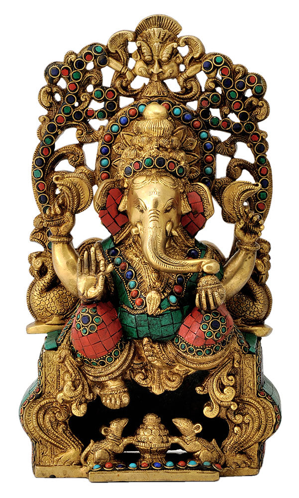 Enthroned Ganesha Ornate Brass Figure