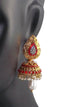 Gold Plated, White and Red Stone Studded Jhumka Earrings for Women