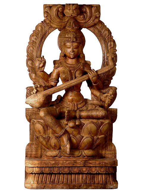 Divine Goddess Saraswati - Large Wood Sculpture