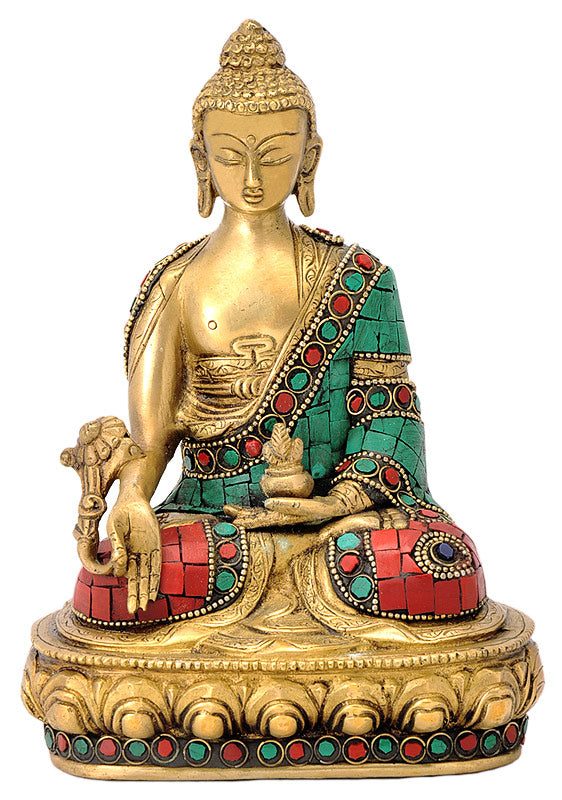 Brass Buddha with Turquoise Coral Stone Work