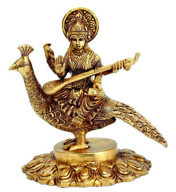 "Mayurvahini" Peacock Riding - Saraswati Brass Statuette