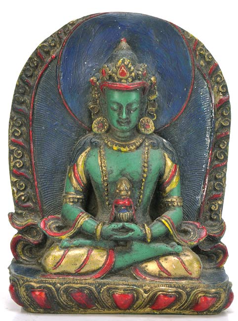 Crowned Amitabha Buddha - Antiquated Resin Statue