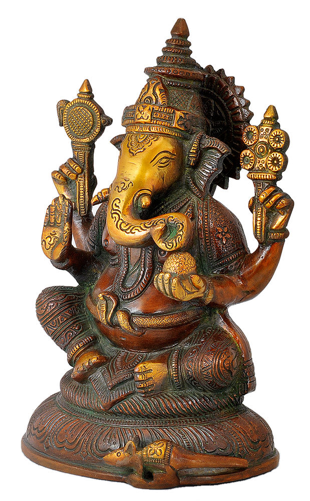 Blessing Ganesha Statue in Golden Brown Finish