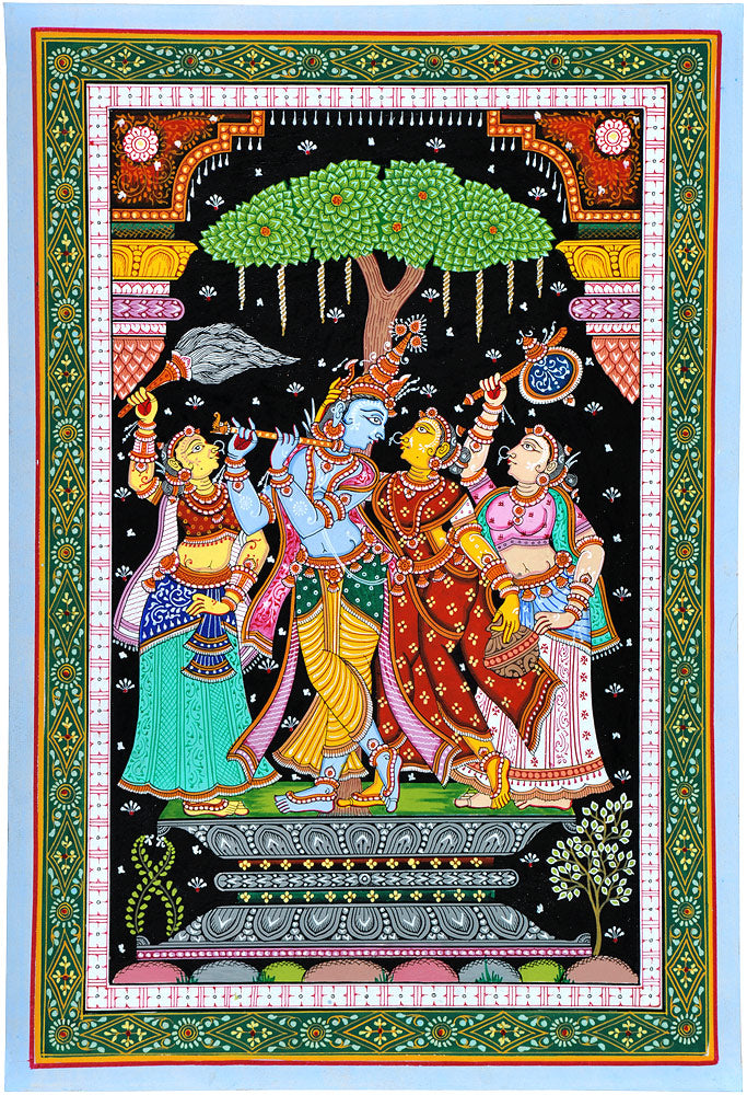 Radha Krishna Accompanied with Two Gopinis