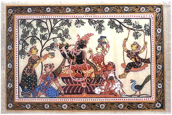 Lord Krishna with Gopis-Silk Painting