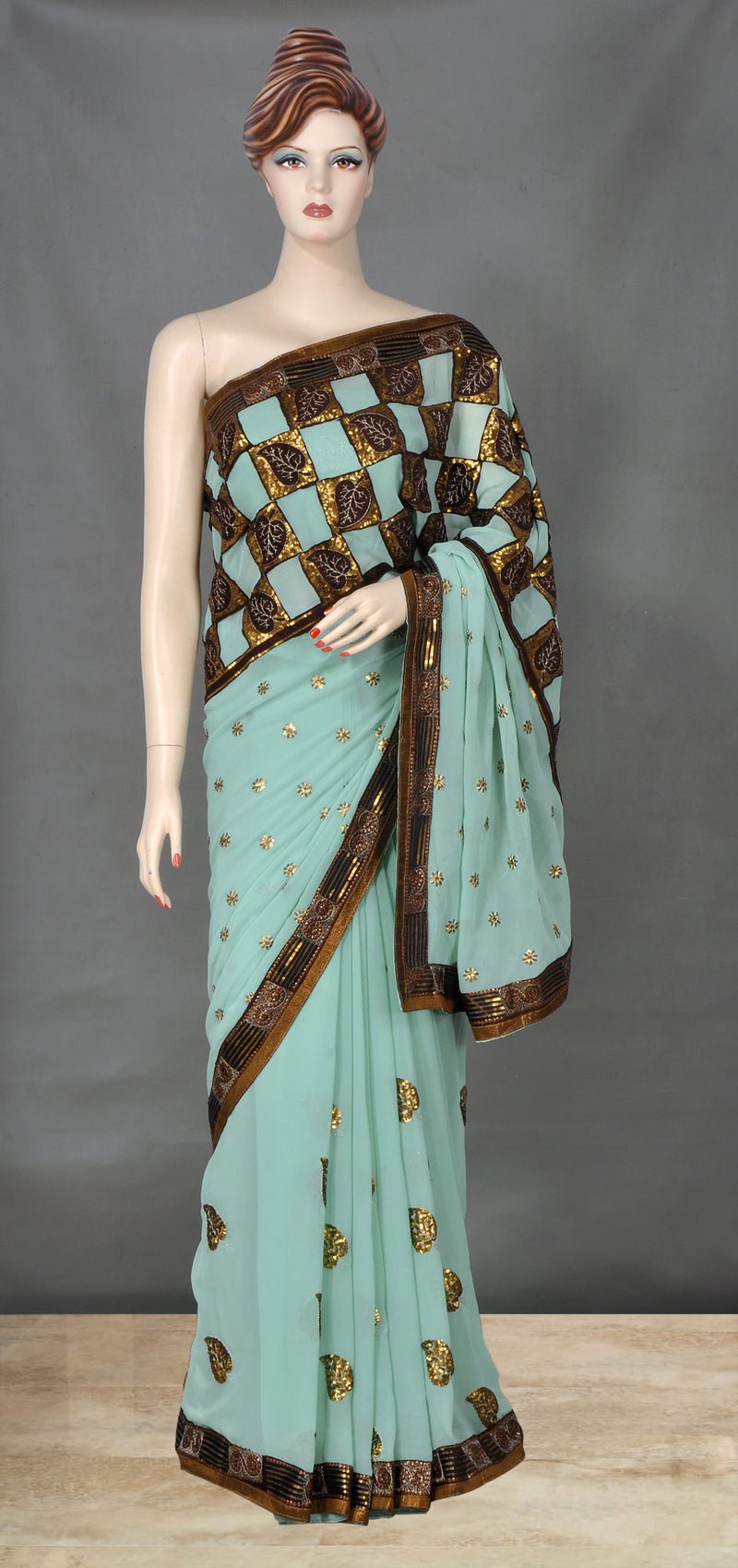 Light Sea Green Saree with Zari and Sequins Work