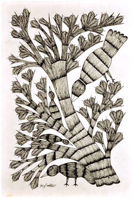 Gond Tribal Painting "Sparrows on Tree"