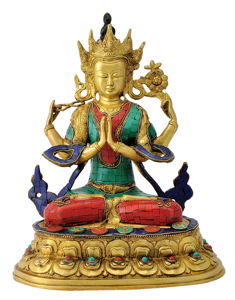 Chenrezig Lokeshvara Brass Statue with Inlay 13.75"