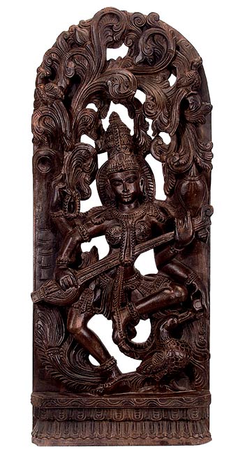 Beautiful Goddess Saraswati - Wooden Sculpture