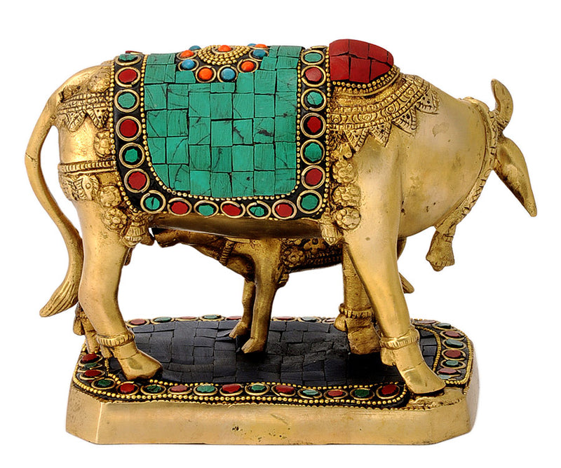 Loving Mother Cow with Calf Ornate Brass Figure