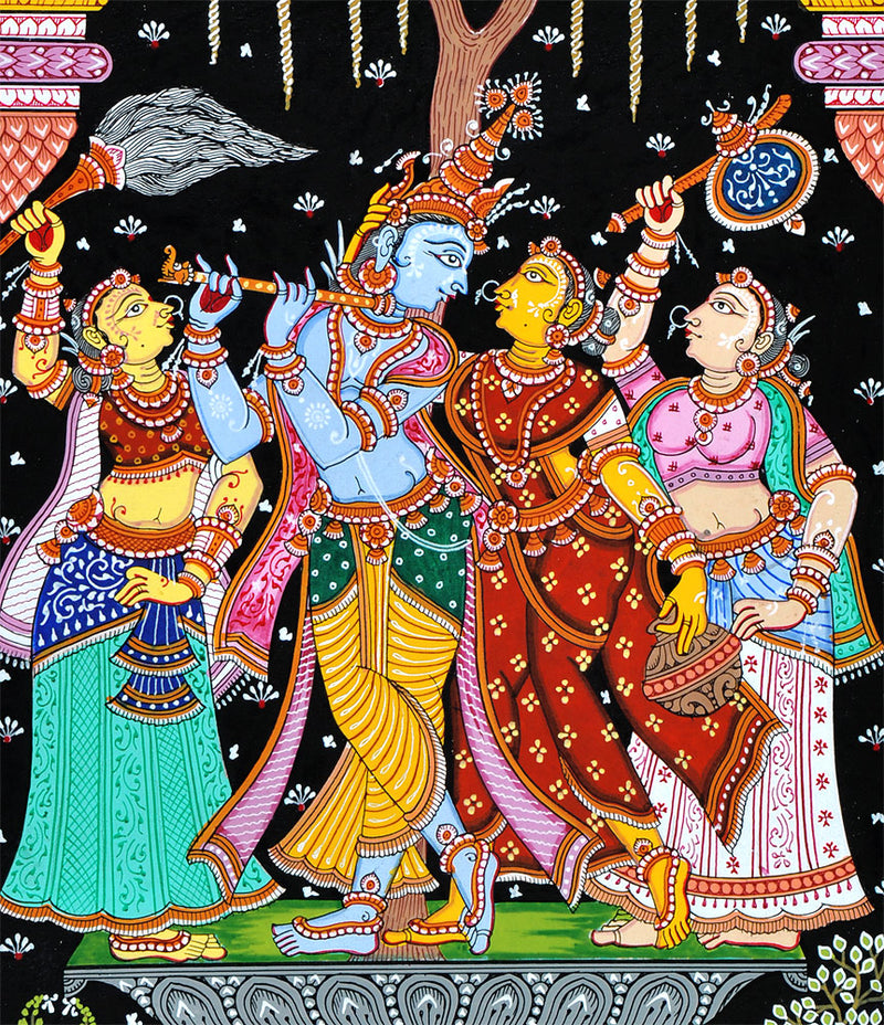 Radha Krishna Accompanied with Two Gopinis