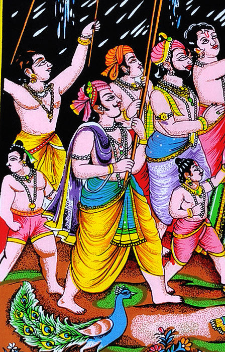 Lord Krishna Lifts Govardhan Mountain Cotton Tapestry