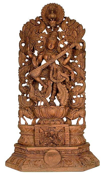 Veena Vadini Ma Saraswati - 4ft. Wood Statuette