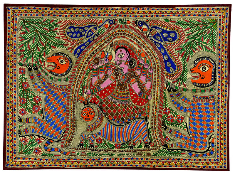 Goddess Durga - Madhubani Painting on Handmade Paper