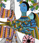 Father and Child Ride a Bullock Cart - Gond Painting