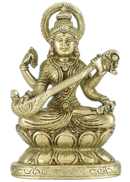 Goddess Veena Vadini - Small Brass Statue 4"