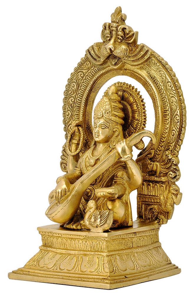 Ma Saraswati Brass Figurine with Beautiful Aureole
