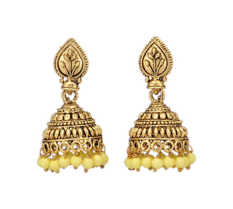 Shining Golden Jhumki with Pastel Yellow Beads
