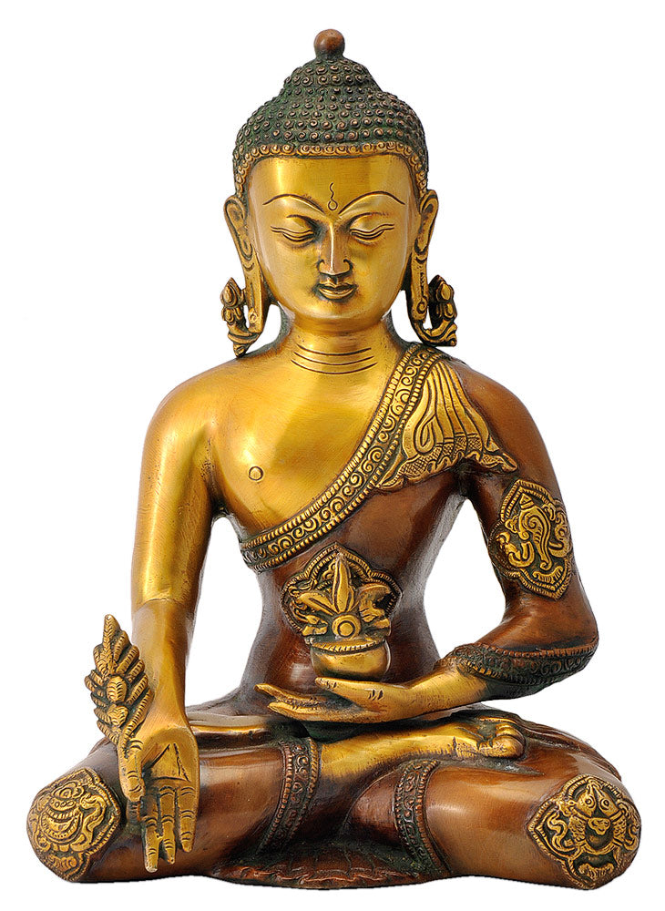 Medicine Buddha with Ashtamangala Signs Carved on His Robe 12"