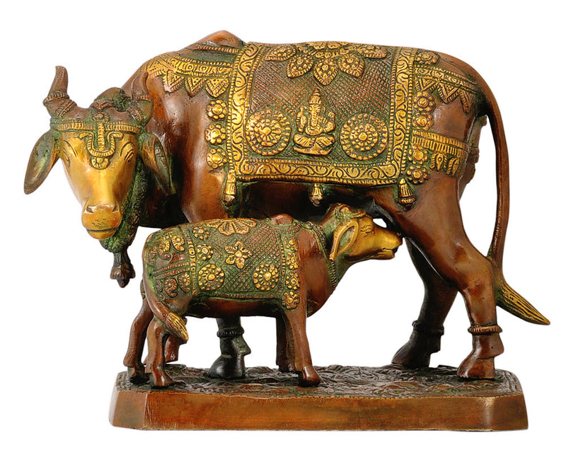 Auspicious Cow and Calf Brass Statue 10"