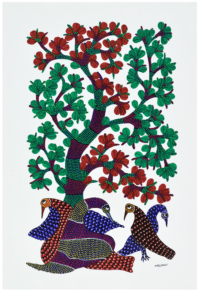 Birds Resting under Tree - Gond Tribal Art Painting