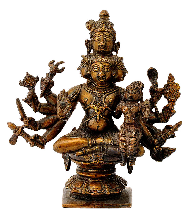 Antiquated Five Headed Lord Shiva with Parvati Brass Statue