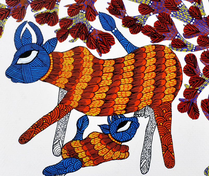 Cow Feeding Her Calf - Gond Folkart
