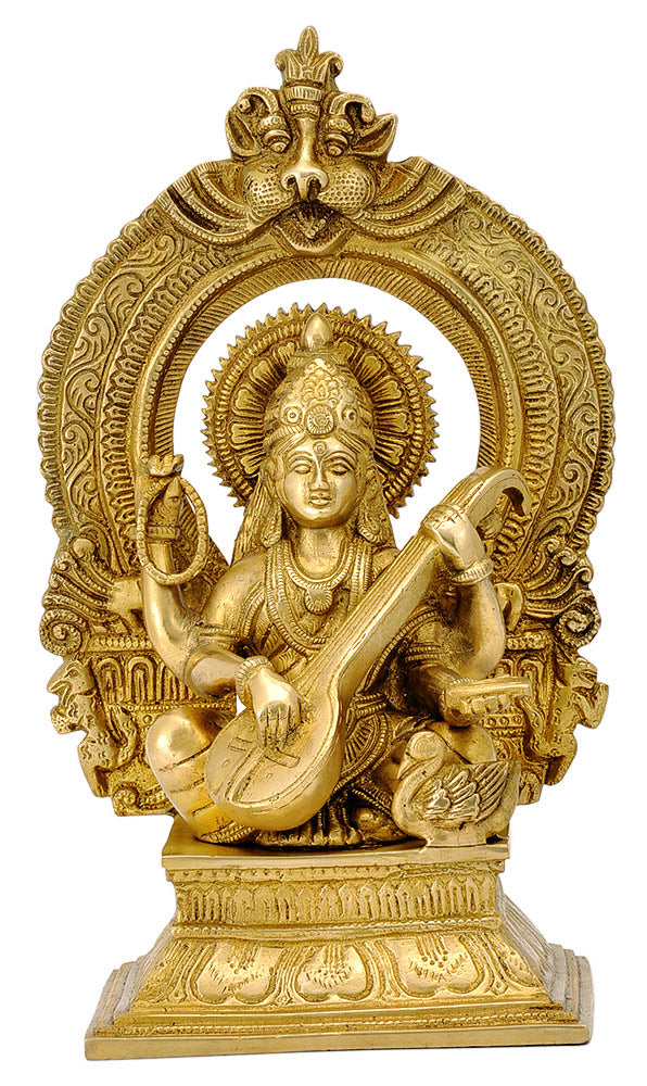 Ma Saraswati Brass Figurine with Beautiful Aureole