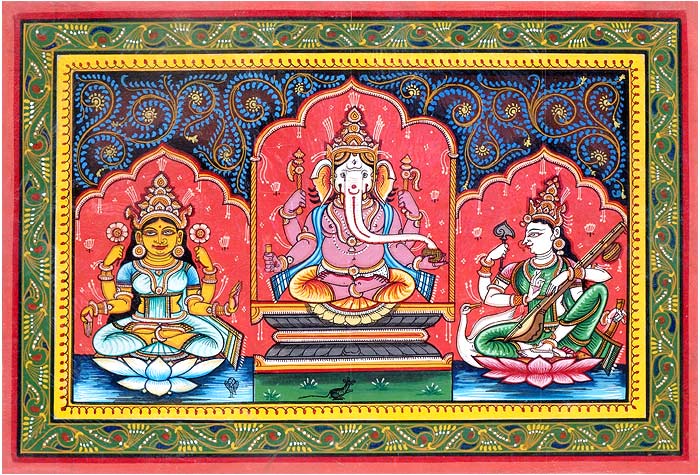 Lord Ganesha, Ma Lakshmi & Ma Saraswati - Paata Painting