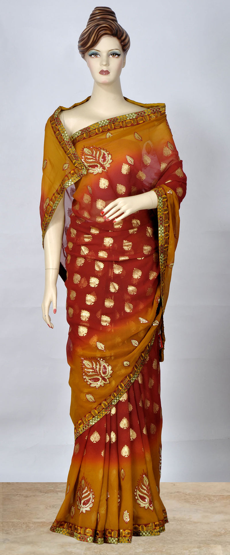 Red & Orange Saree with All-Over Bootis