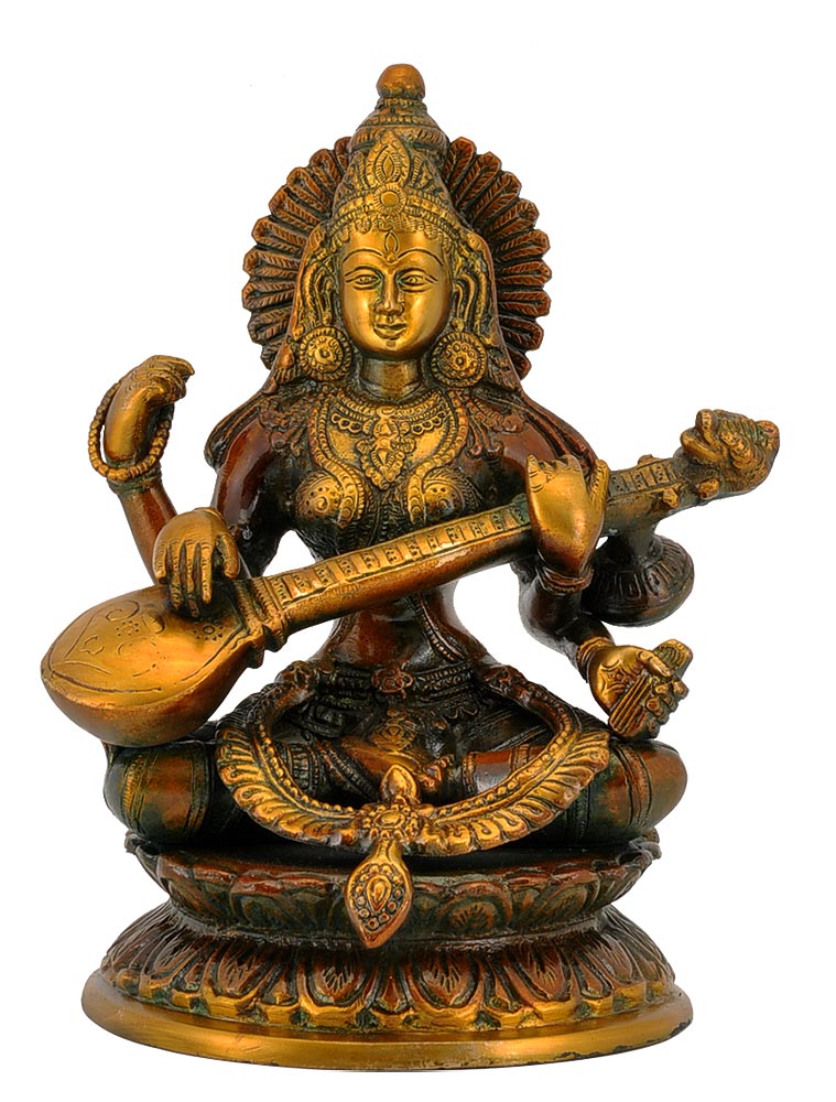 Goddess Saraswati with Veena Brass Statue 9.25"