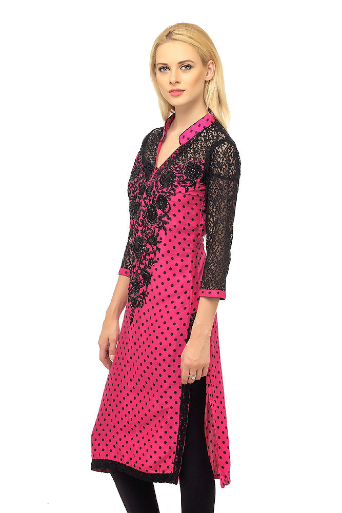Fuchsia Kurta with Black Net 3/4th Sleeves