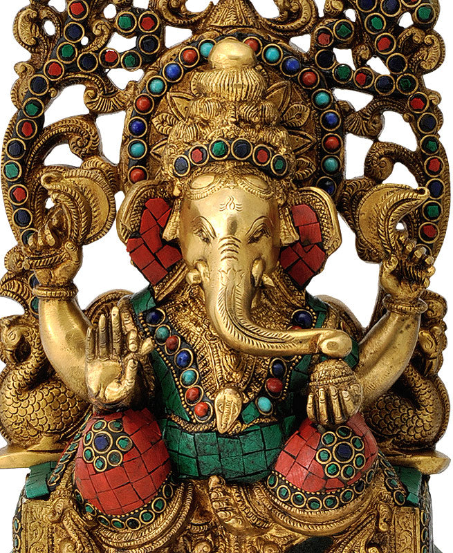 Enthroned Ganesha Ornate Brass Figure