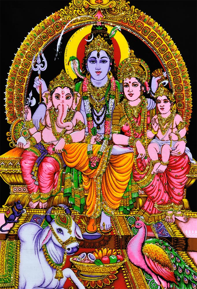 God Shiva Family Cotton Painting with Sequin Work
