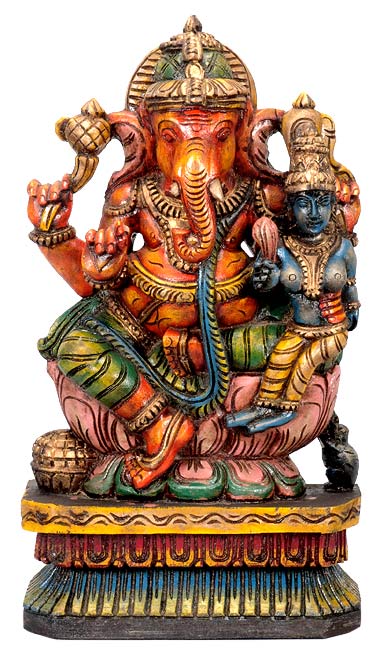 Ganesha with Lakshmi Seated on Lotus - Wood Statue