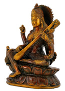Goddess Saraswati Seated on Lotus Brass Statue 8.75"