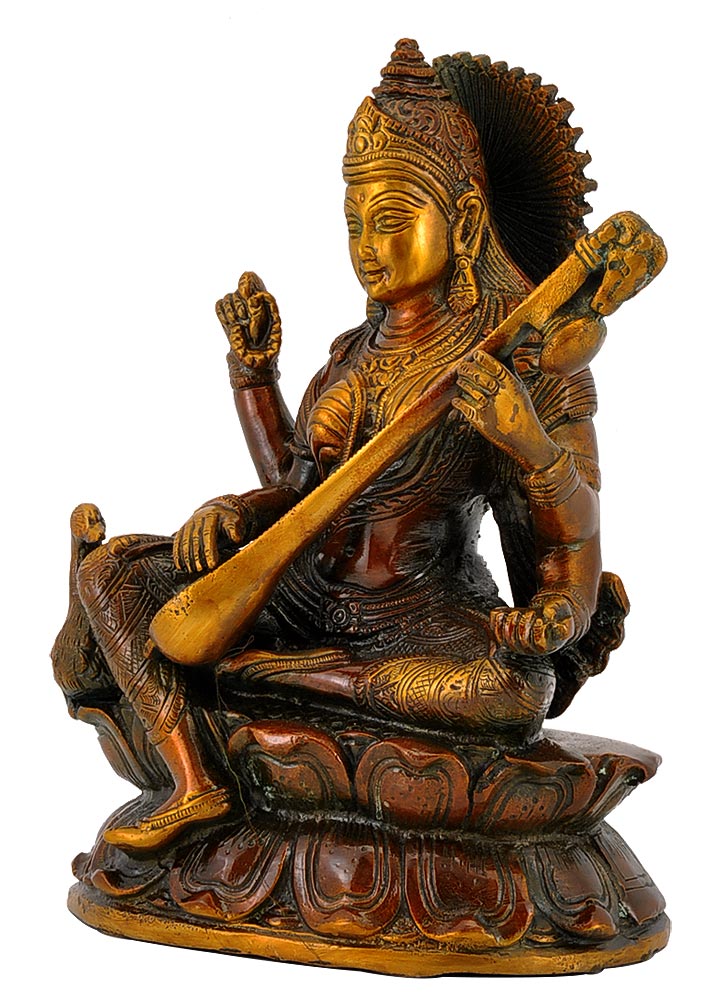 Goddess Saraswati Seated on Lotus Brass Statue 8.75"