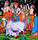 Lord Krishna Lifts Govardhan Mountain Cotton Tapestry