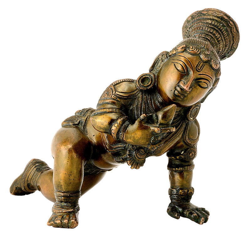 Brass Crawling Baby Krishna Sculpture in Antique Bronze Finish