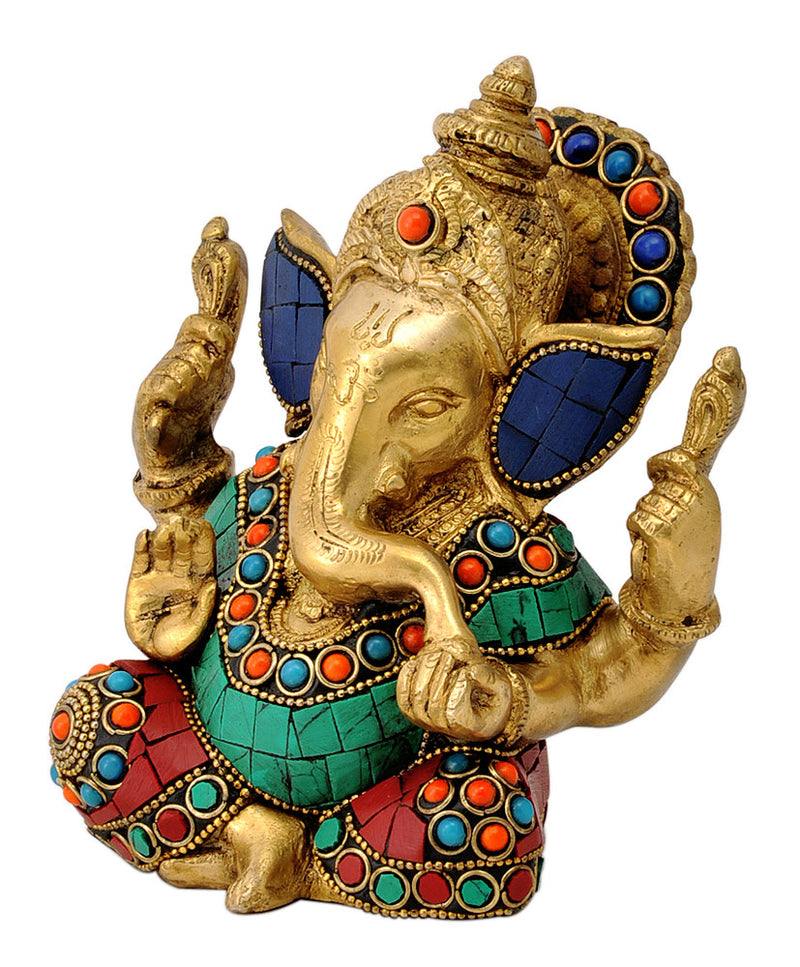 Turquoise Coral Ganpati  Brass Sculpture
