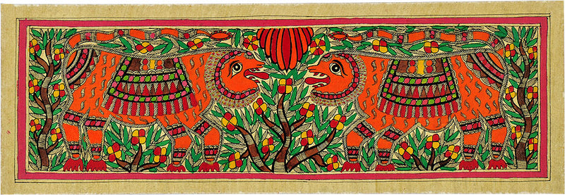 Madhubani Painting 'Roaring Lions'
