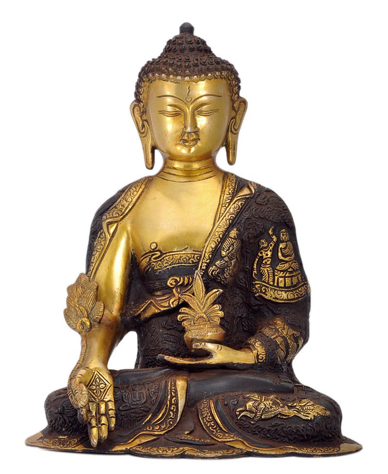 Medicine Buddha - Antiquated Brass Sculpture 11.5"