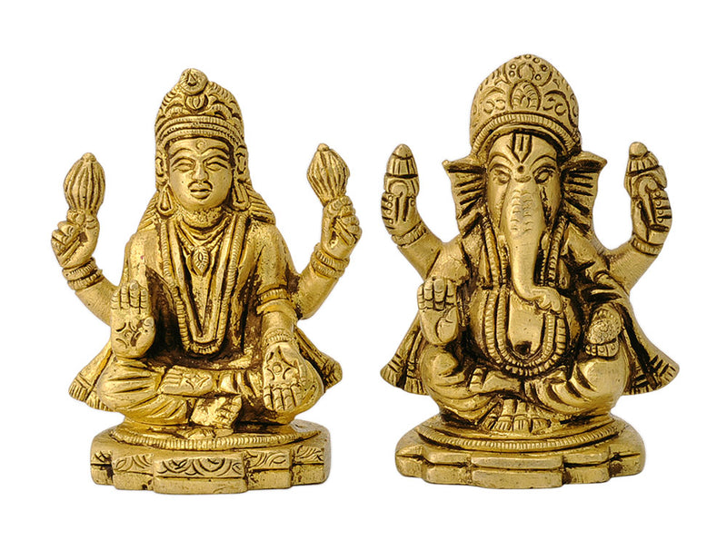 Miniature Pair of Brass Ganesha & Laxmi Figurine