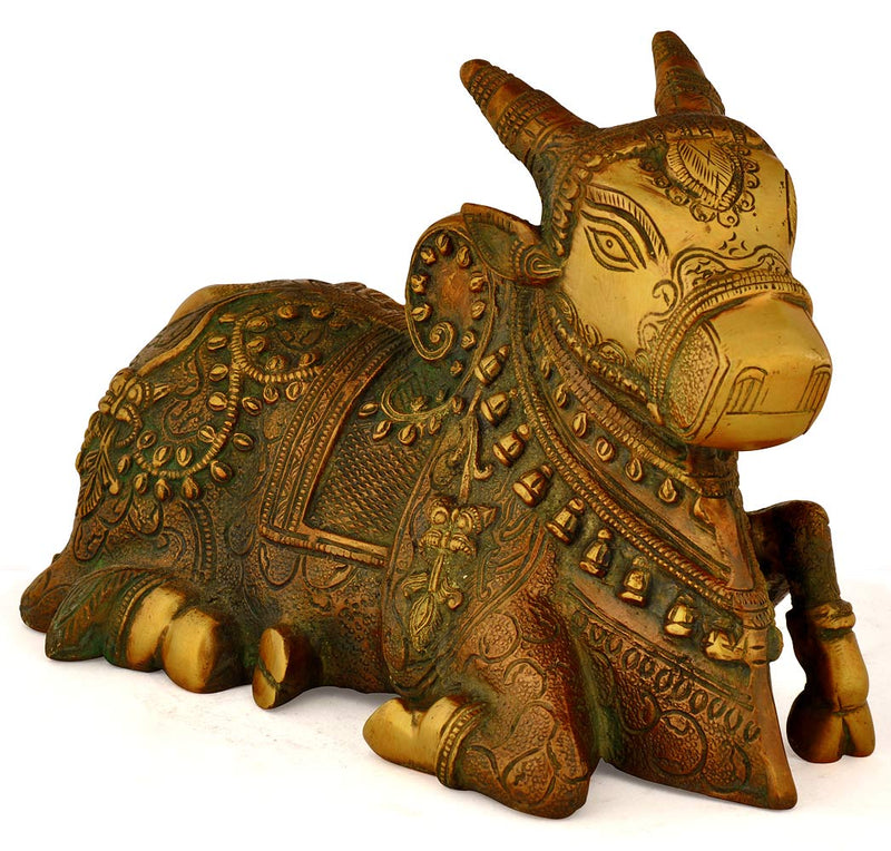 Auspicious Nandi Bull Statue In Brass 9"