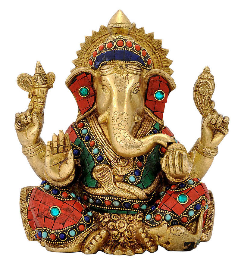 Brass Ganesha Figurine with Stones