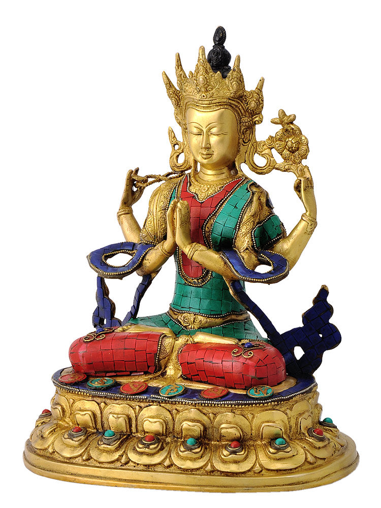 Chenrezig Lokeshvara Brass Statue with Inlay 13.75"